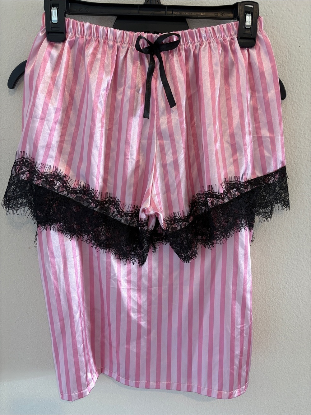 2 piece pajama set shorts and tank top pink with stripes and black lace
